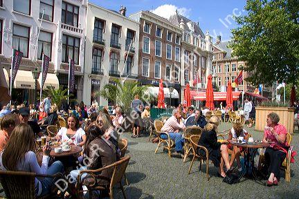 People dine outdoors at The Hague in the province of South Holland, Netherlands.