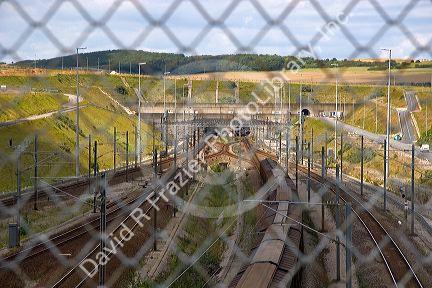 A fenced security area at the entrance to the Chunnel at Calais in the department of Pas-de-Calais, France.