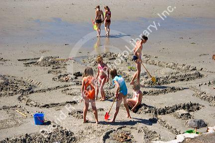 Children dig in the sand on the beach at the village of Wimereux in the department of Pas-de-Calais, France.