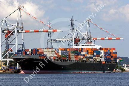 Container ship docked at Le Havre in the department of Seine-Maritime, Normandy, France.