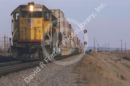 Train traveling on the railroad.