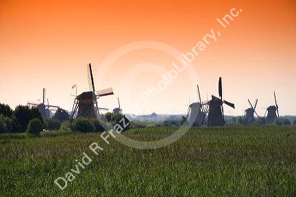 Old windmills at Kinderdijk in the South Holland province, Netherlands.