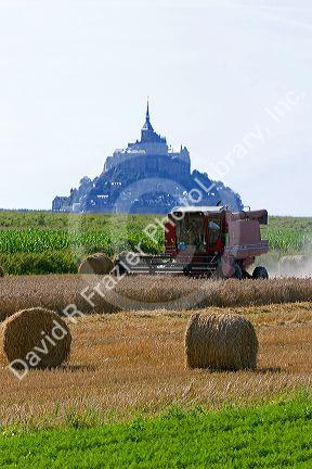 Harvesting wheat with Le Mont Saint Michel in the background in the region of Basse-Normandie, France.