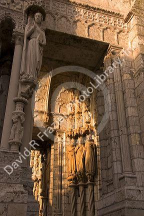 Detail of The Cathedral of Our Lady of Chartres at Chartres in the region of Centre, France.