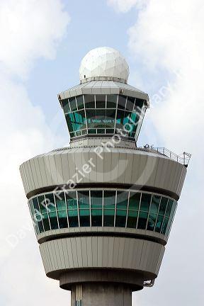 Air traffic control tower at the Schiphol Airport in Amsterdam, Netherlands.