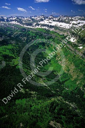 Aerial view of the Teton Mountain Range on the Idaho Wyoming border.