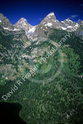 Aerial view of the Teton Mountain Range on the Idaho Wyoming border.