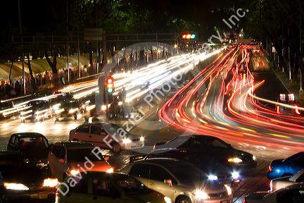 Nighttime traffic and city lights in Mexico City, Mexico.