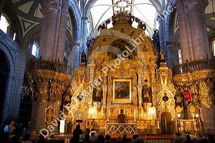 A gold alter inside the Catedral Metropolitana located on Mexico City's central square, the zocalo, Mexico.