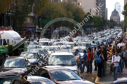 Heavy traffic at the intersection of Paseo de la Reforma and Eje Central Lazaro Cardenas in Mexico City, Mexico.