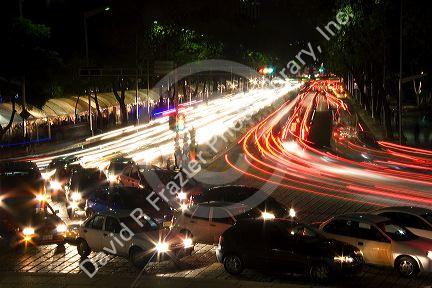Nighttime traffic in Mexico City, Mexico.