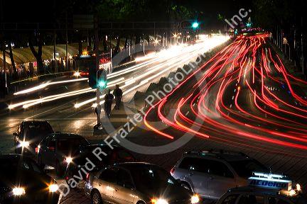 Nighttime traffic in Mexico City, Mexico.