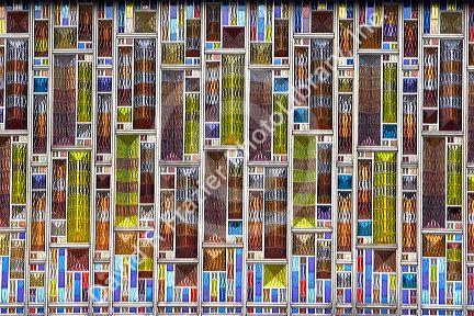 A close up view of the stained glass in the modern Basilica of Guadalupe in Mexico City, Mexico.