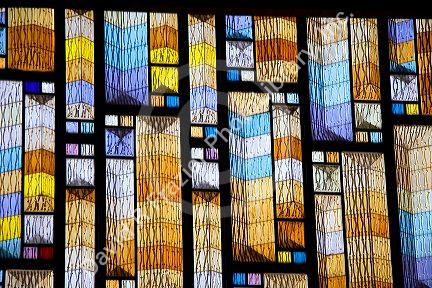 A close up view of the stained glass in the modern Basilica of Guadalupe in Mexico City, Mexico.