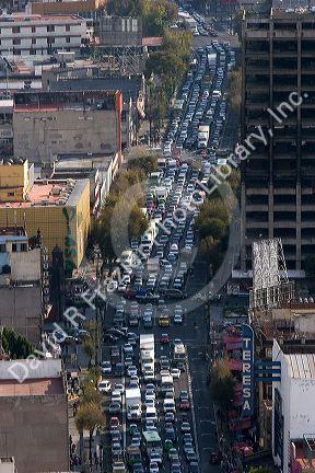 Aerial view of heavy traffic in Mexico City, Mexico.