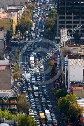 Aerial view of heavy traffic in Mexico City, Mexico.
