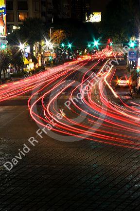 Nighttime traffic and city lights in Mexico City, Mexico.