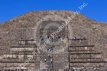 Tourists walk up and down the steps of the Pyramid of the Moon in the State of Mexico, Mexico.