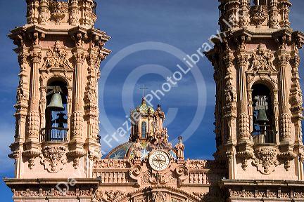 The top of the parish church Santa Prisca at Taxco in the State of Guerrero, Mexico.