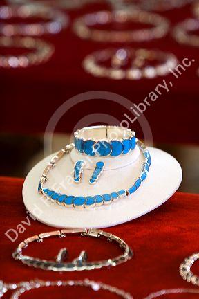 Turquoise and silver jewelry in a store at Taxco in the State of Guerrero, Mexico.