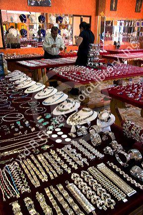 Silver jewelry being sold at a store in Taxco in the State of Guerrero, Mexico.