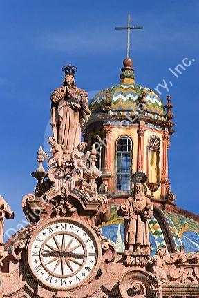 The top of the parish church Santa Prisca at Taxco in the State of Guerrero, Mexico.