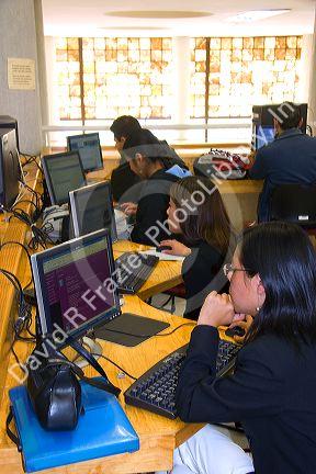 Students do research on computers in the Central Library at the National Autonomous University of Mexico in Mexico City, Mexico.