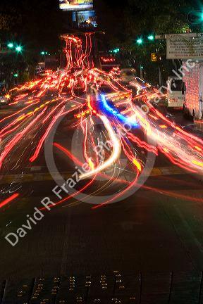 Nighttime traffic in Mexico City, Mexico.