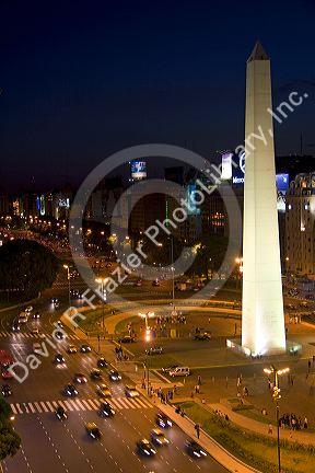 The Obelisk at night in the Plaza de la Republica in Buenos Aires, Argentina.