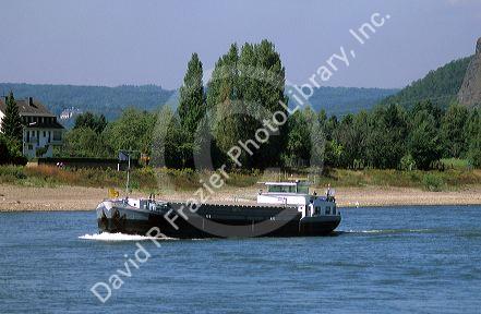 River barge on the Upper Rhine near Loreley, Germany.