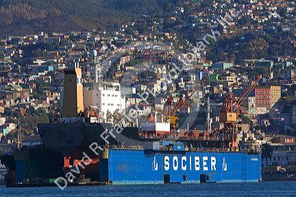 Floating dry dock with container ship in the Port at Valparaiso, Chile.