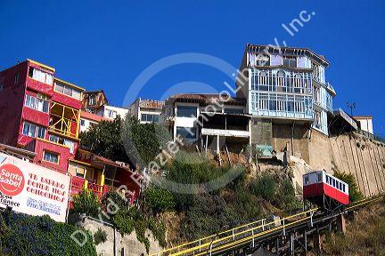 Tram-like vehicle is part of a funicular railway at Valparaiso, Chile.