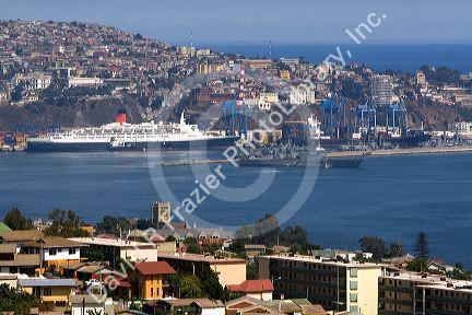Queen Elizabeth II cruise ship docked in the Port at Valparaiso, Chile.