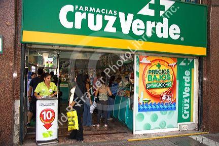 Storefront of a Cruz Verde pharmacy on the Paseo Ahumada in Santiago, Chile.