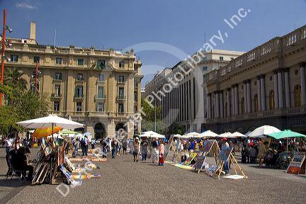 Vendors selling art in the Plaza de Armas in Santiago, Chile.