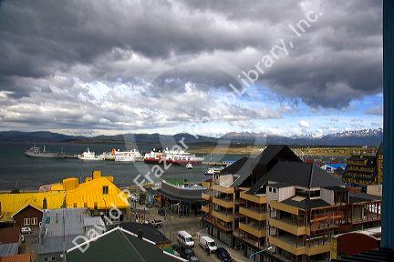 Ships docked in the bay at Ushuaia on the island of Tierra del Fuego, Argentina.