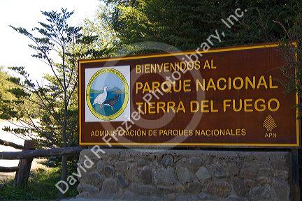 Sign welcoming you to the Tierra del Fuego National Park near Ushuaia, Argentina.