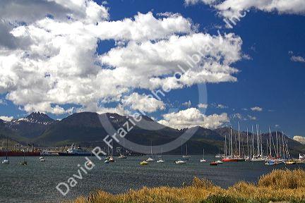 Boats in the bay at Ushuaia on the island of Tierra del Fuego, Argentina.