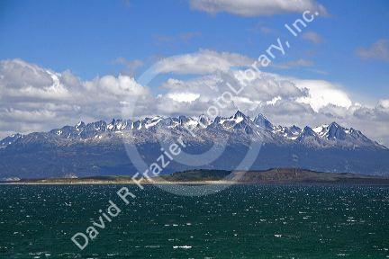 View of snowy peaks of the Dientes de Navarino in Chile from Ushuaia, Argentina.