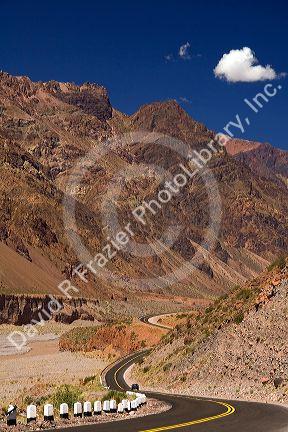 Highway along the Mendoza River in the Andes Mountain Range west of Upsallata, Argentina.