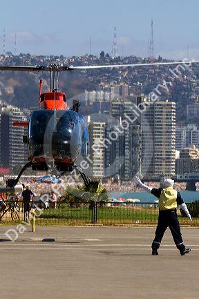 Armada de Chile helicopter taking off at Vina del Mar, Chile.