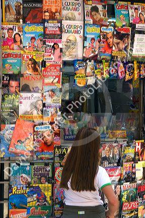 Kiosk selling magazines and candy on the Paseo Ahumada in Santiago, Chile.