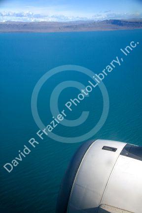 Aerial view of Lake Argentino from an airplane window, Patagonia, Argentina.