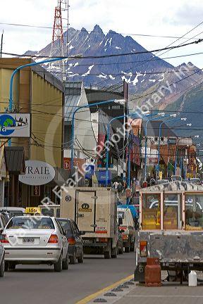 Street scene with wires at Ushuaia on the island of Tierra del Fuego, Argentina.