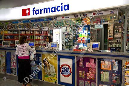Pharmacy counter in Santiago, Chile.