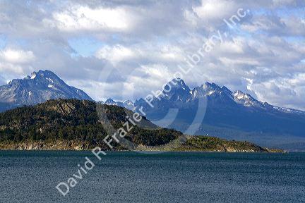 View of the mountain range in Chile across the Beagle Channel near Ushuaia, Argentina.
