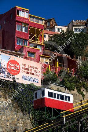 Tram-like vehicle is part of a funicular railway at Valparaiso, Chile.