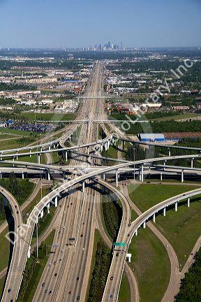 Aerial view of the freeway interchange of Interstate 45 and the State Highway Beltway 8 in Houston, Texas.