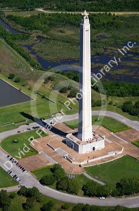 Aerial view of the San Jacinto Monument along the Houston Ship Channel in Houston, Texas.