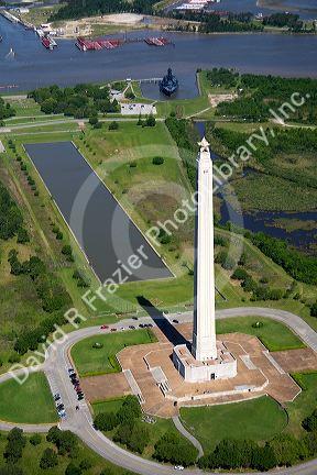 Aerial view of the San Jacinto Monument along the Houston Ship Channel in Houston, Texas.